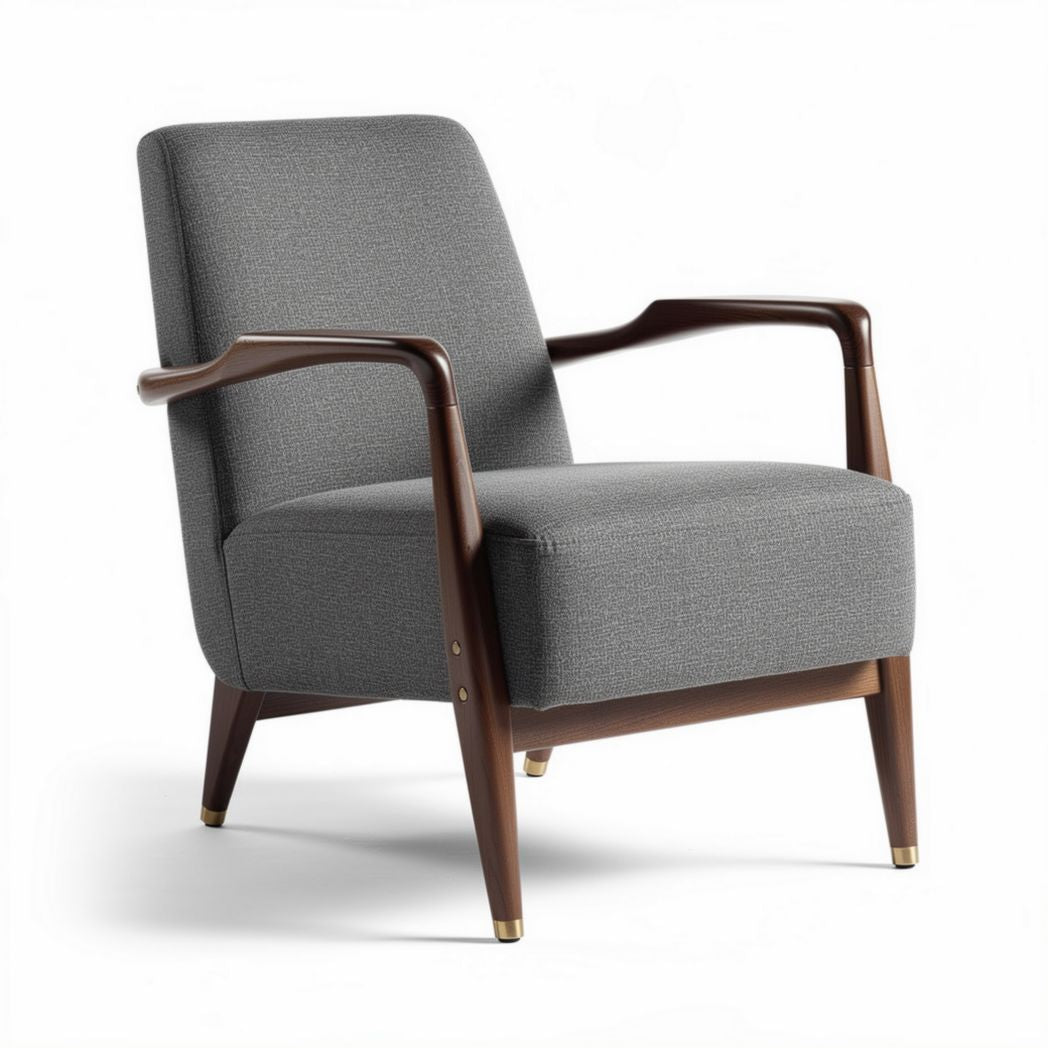 Mid-century modern armchair in grey fabric with wood frame 80 x 70 x 85cm