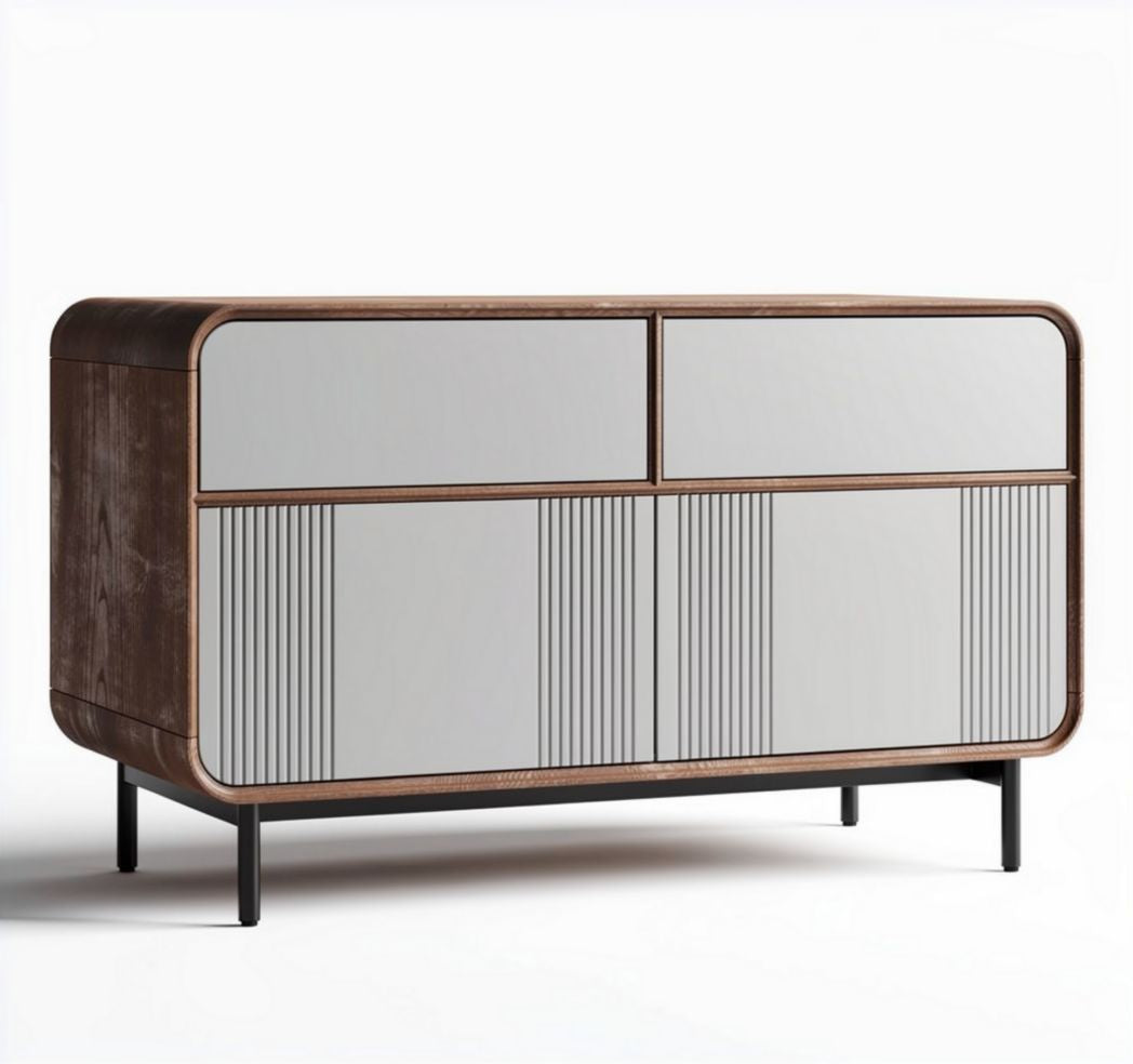 Wooden sideboard with mirrored front and metal legs 120 x 45 x 75cm