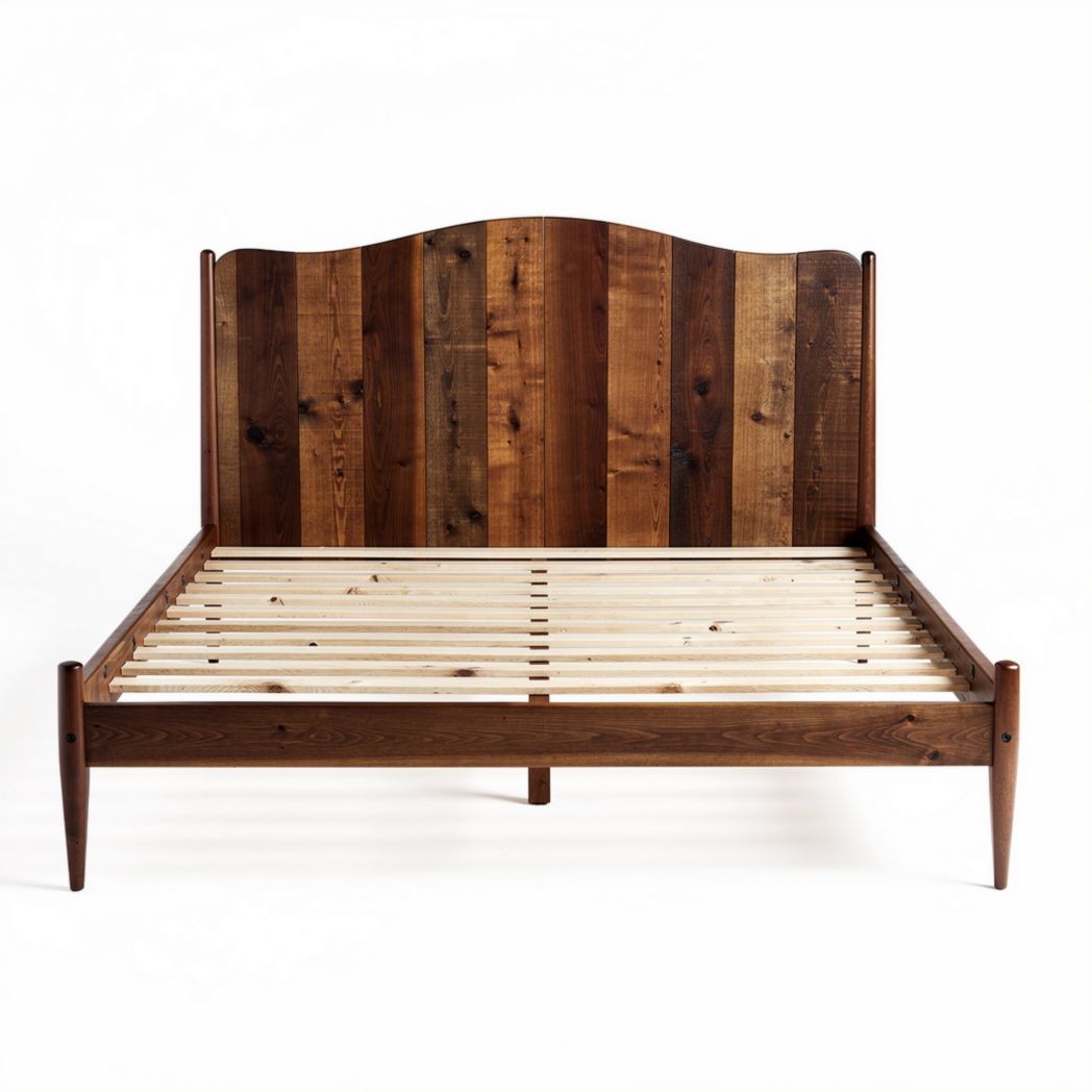 Wooden platform bed with slatted base and curved headboard 200 x 160 x 100cm