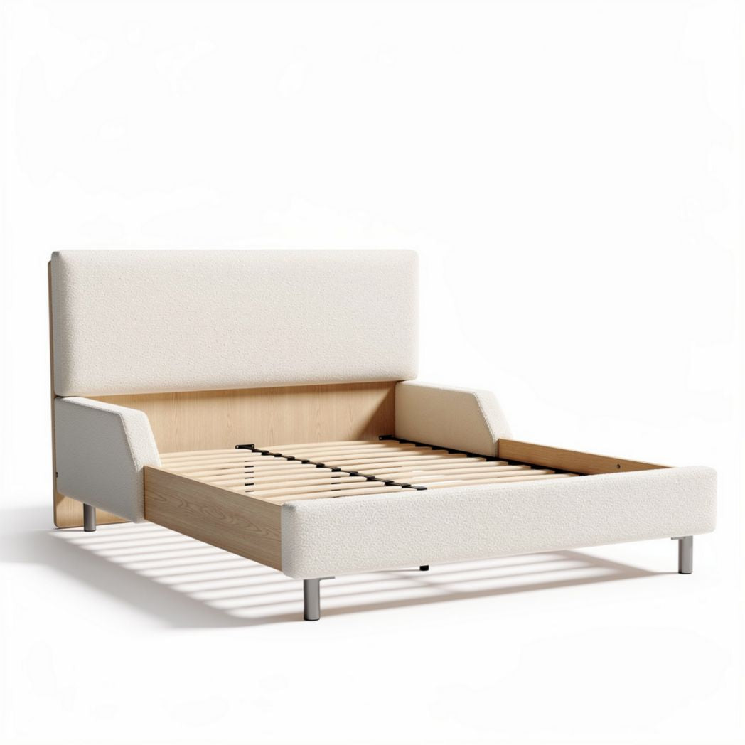 Upholstered bed frame with wooden slats in cream color 200 x 150 x 100cm