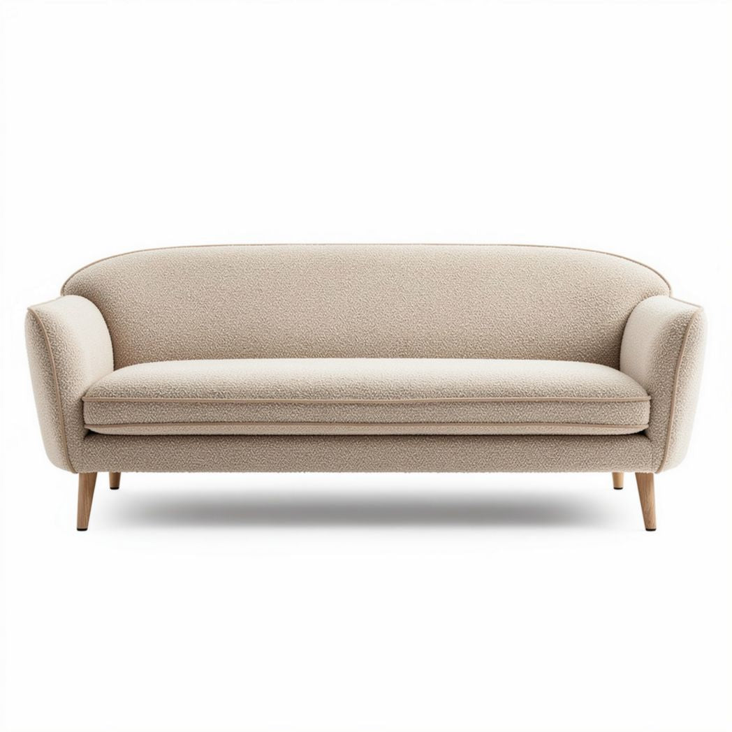Boucle fabric sofa in beige with wooden legs measures 200 x 85 x 80cm