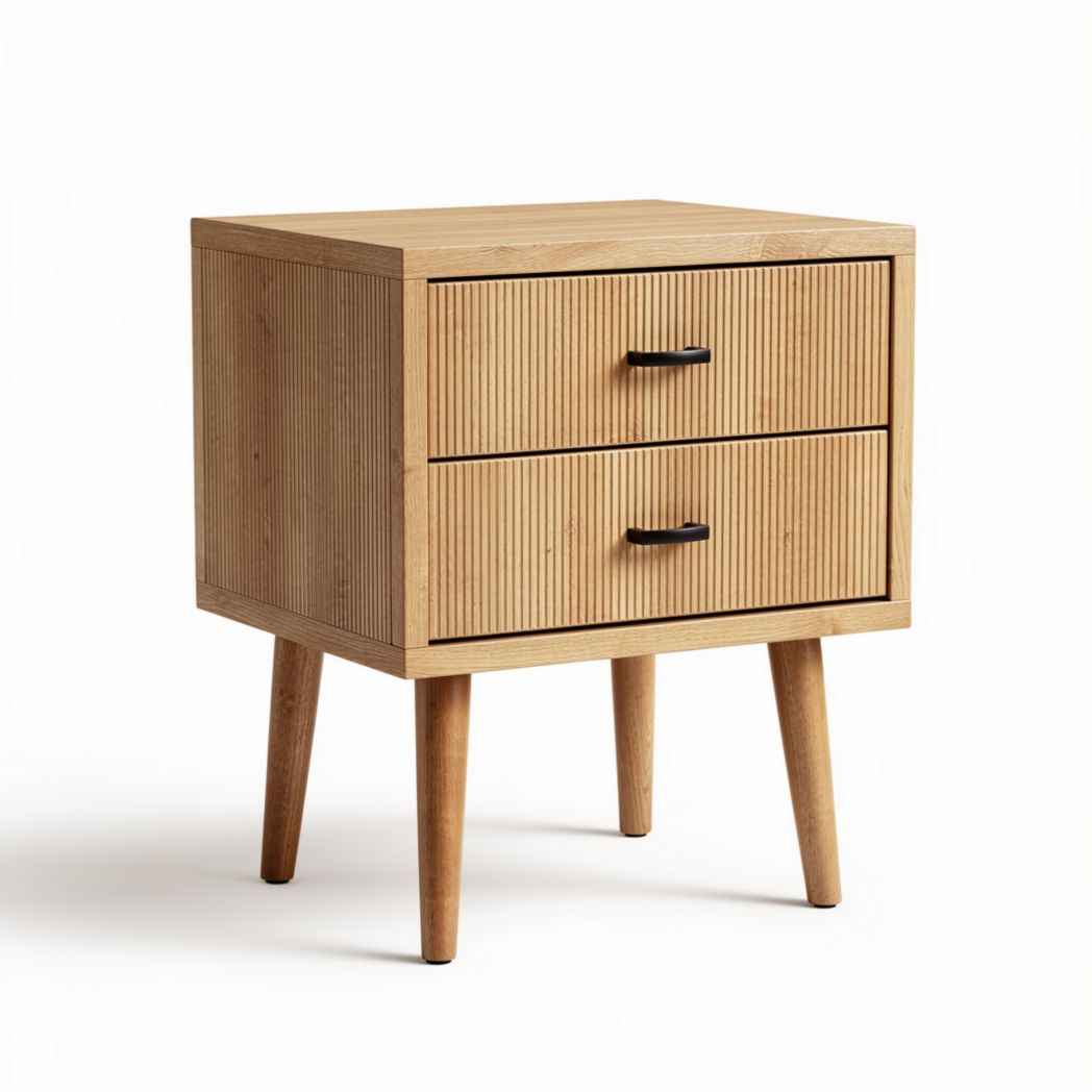 Wooden nightstand with two drawers and ribbed design in natural finish 40 x 40 x 50cm