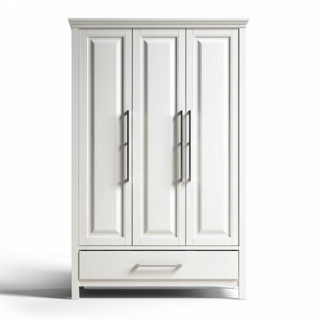 White wooden wardrobe with three doors and one drawer 120 x 60 x 180cm