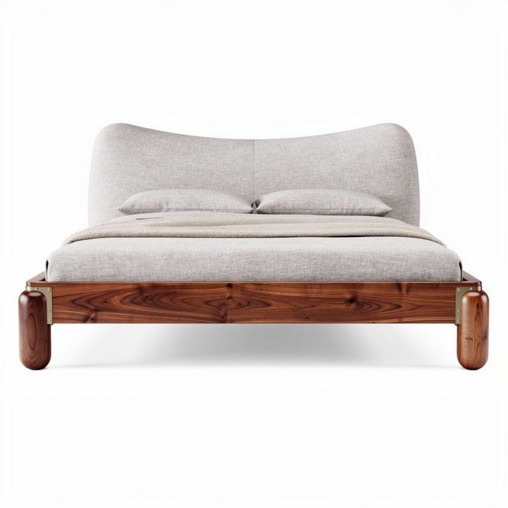 Natural wood bed frame with upholstered headboard and comfortable bedding 200 x 160 x 90cm