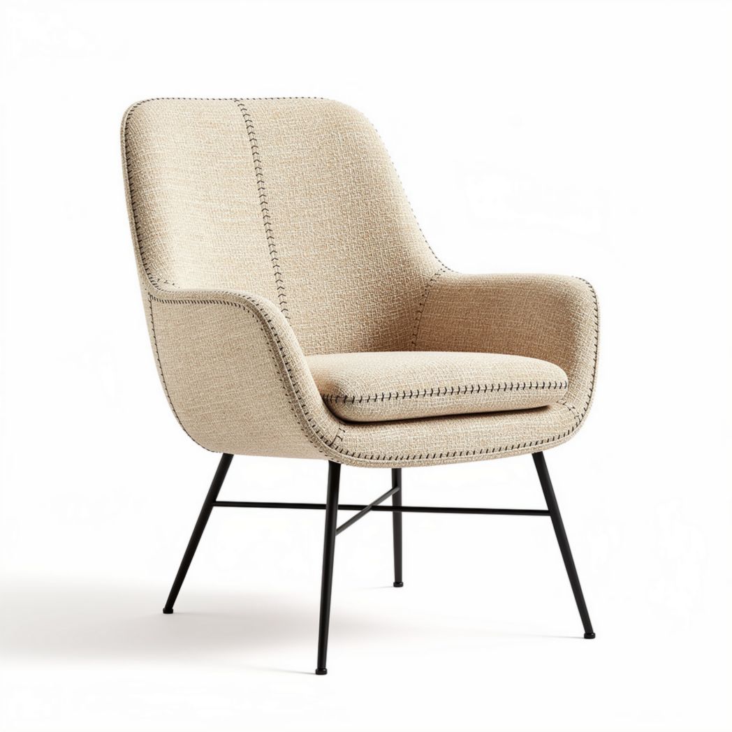 Upholstered accent chair with metal legs in beige fabric and retro design