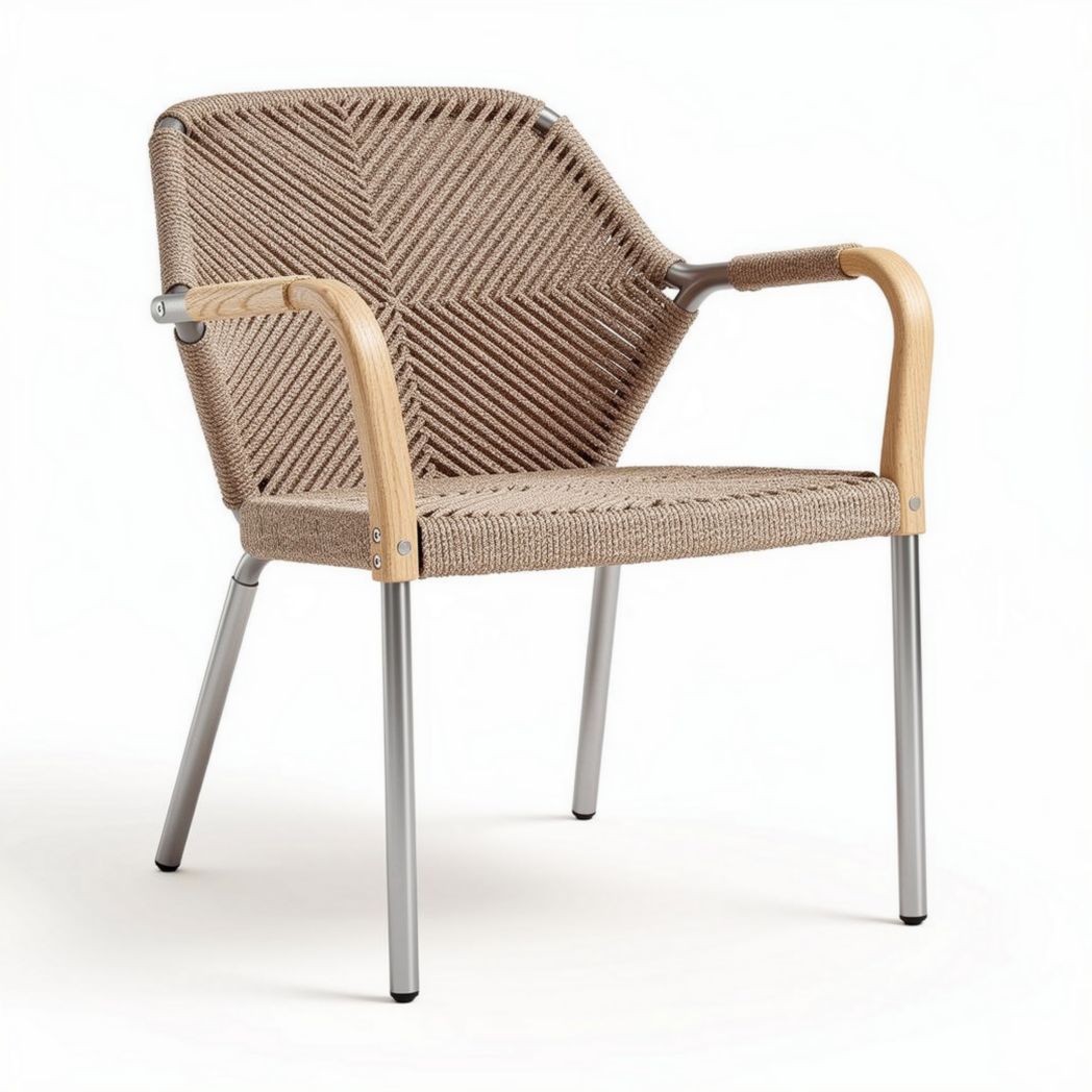 Outdoor stacking chair with rattan seat wood armrests and metal legs 60 x 60 x 75cm