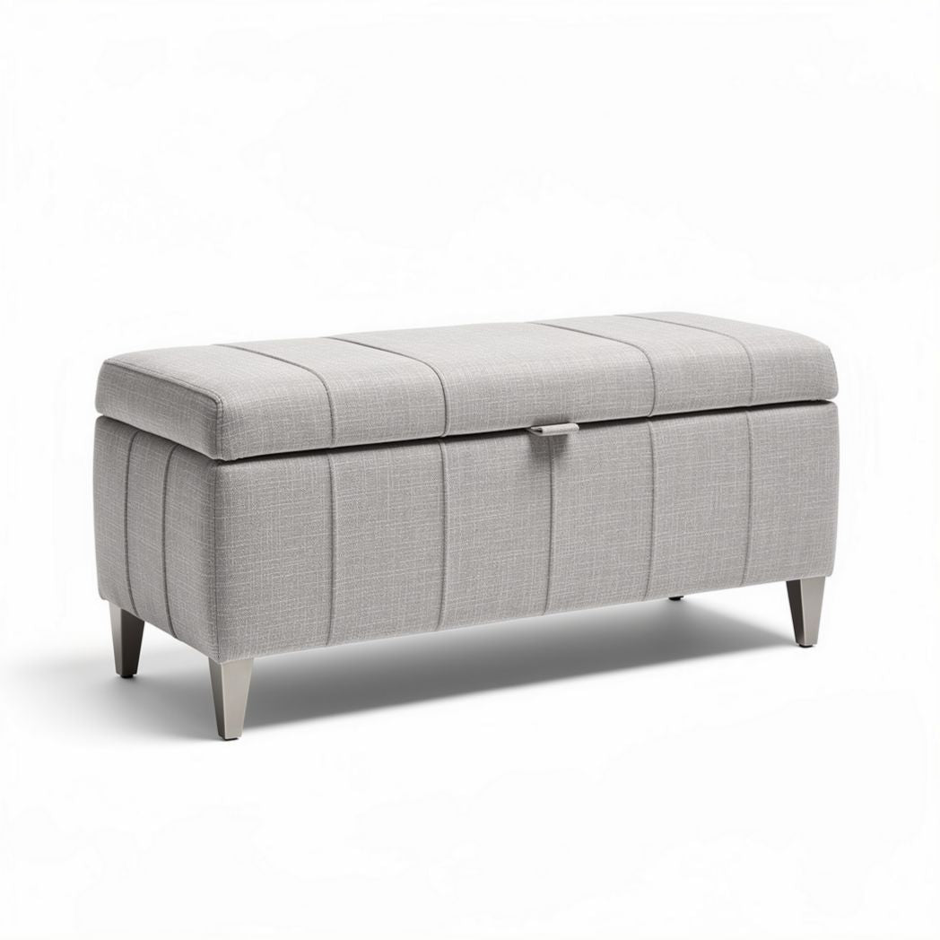 Fabric storage ottoman with hinged lid in light gray 100 x 40 x 45cm