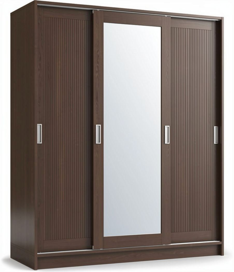 Three-door wardrobe with mirror in dark wood finish 150 x 60 x 200cm